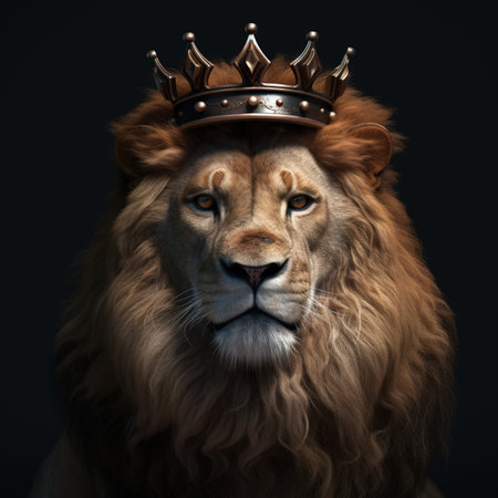 Portrait of a lion king in a crown on a dark background.の素材