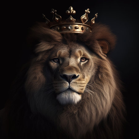 Photo pour Portrait of a lion king in a crown on a black background. - image libre de droit