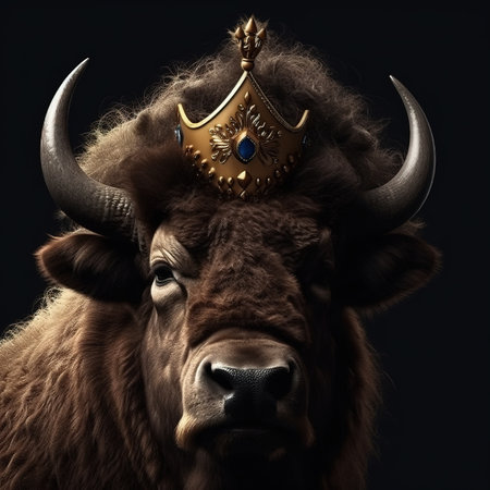 Portrait of a bull with a golden crown on his head.の素材