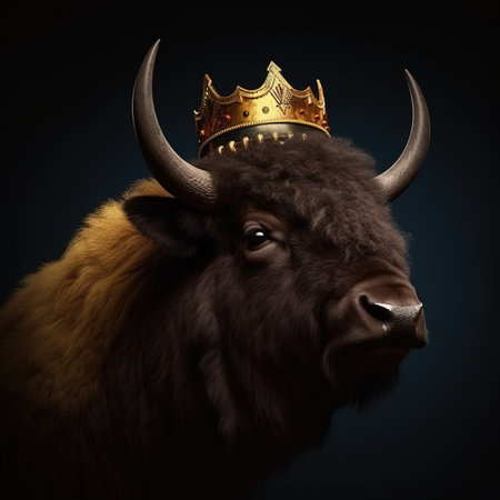 Portrait of a bull with a golden crown on his head.の素材