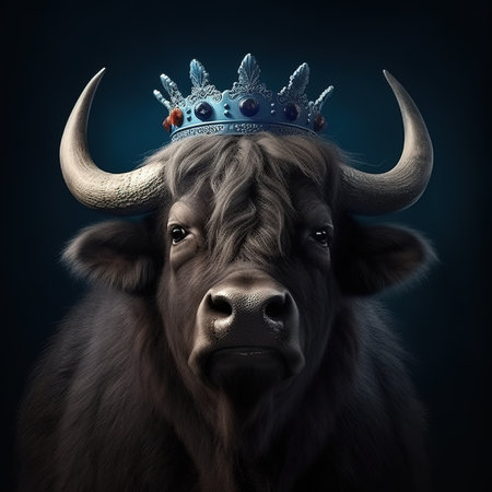 Portrait of a black cow with a crown on his head.の素材