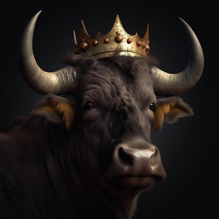 Portrait of a bull with golden crown on his head. Black background.の素材