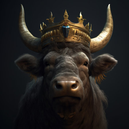 Bull head with golden crown on dark background.の素材