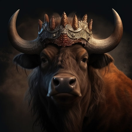 Portrait of a cow with a crown on his head on a dark backgroundの素材