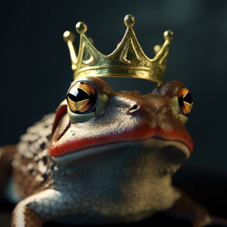 Frog with a crown on a dark background.の素材