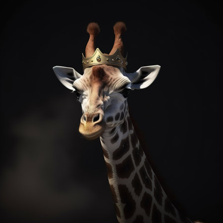 giraffe head with golden crown on black backgroundの素材