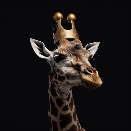 Portrait of a giraffe in a crown on a black backgroundの素材