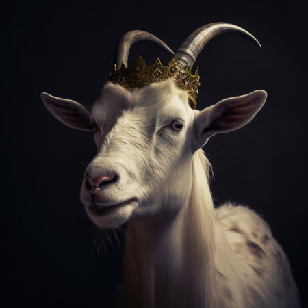Portrait of a goat with a golden crown on his head.の素材