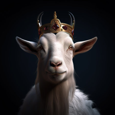 White goat with golden crown on black background. 3d illustration.の素材
