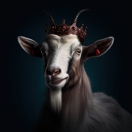 Portrait of a goat with a crown on a dark background.の素材