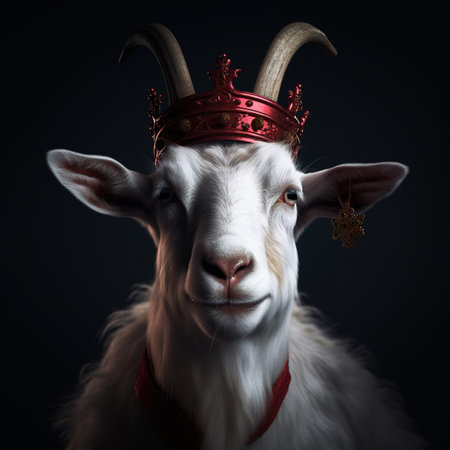 Portrait of a goat wearing a crown on a black background.の素材