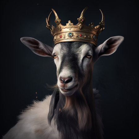 Portrait of a goat with a crown on a black background.の素材
