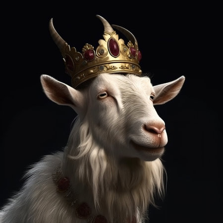 Portrait of a white goat in a crown on a black backgroundの素材