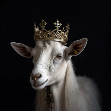 Portrait of a white goat with a crown on a black backgroundの素材