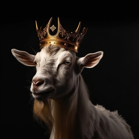 Portrait of a goat with a crown on a black background.の素材