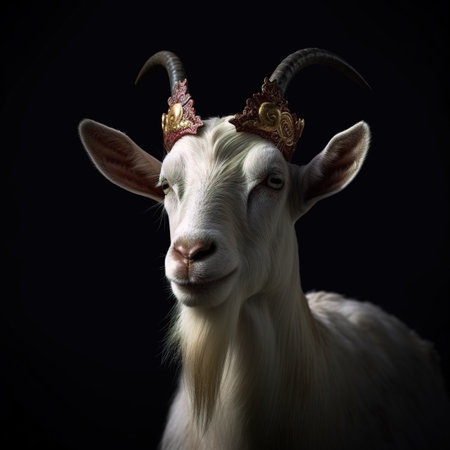 Portrait of a goat with a crown on his head on a black backgroundの素材