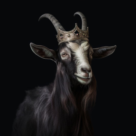 Portrait of a goat with a crown on a black background.の素材