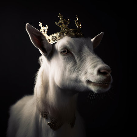 Portrait of a white goat in a golden crown on a black backgroundの素材