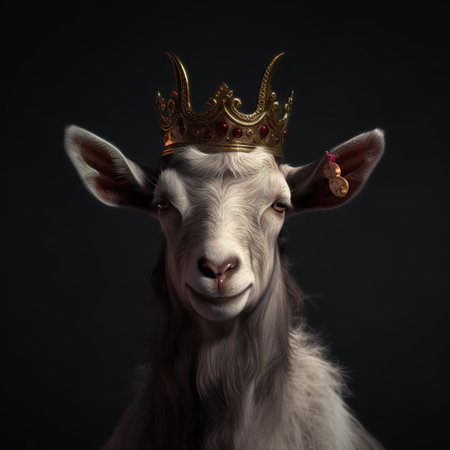 Portrait of a goat with a golden crown on a black backgroundの素材