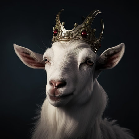 Portrait of a white goat in a crown on a black backgroundの素材