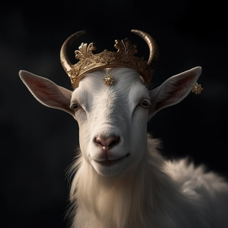 Portrait of a goat in a golden crown on a black background.の素材