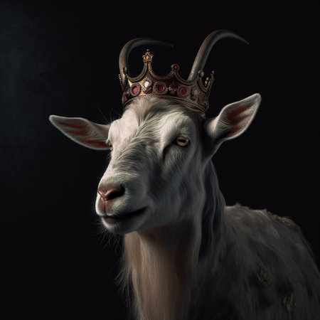 Portrait of a goat in a crown on a black background.の素材