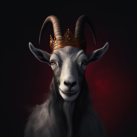 Portrait of a goat in a golden crown on a dark background.の素材