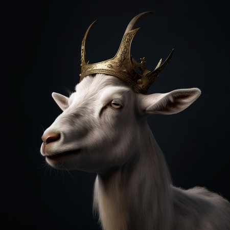 Portrait of a white goat in a golden crown on a black backgroundの素材