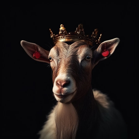 Portrait of a goat with a crown on a black background.の素材