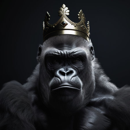 Portrait of a gorilla wearing a crown on a dark background.の素材