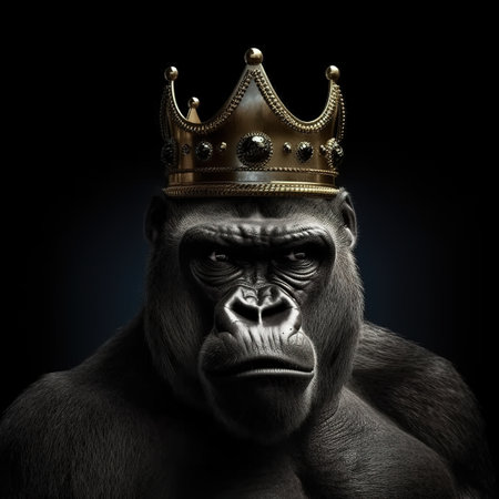 Gorilla in a crown on a black background. Conceptual image.の素材