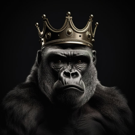 Portrait of a strong gorilla in a crown on a black backgroundの素材