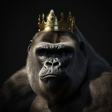 Portrait of a gorilla in a crown on a dark background.の素材