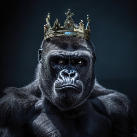 Portrait of a gorilla in a crown on a dark background.の素材