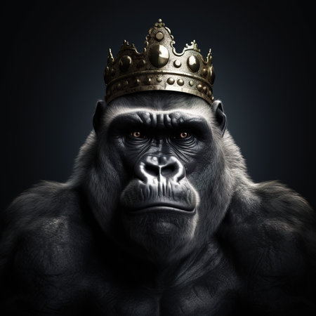 Gorilla with crown on dark background.の素材