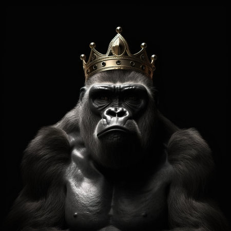 Gorilla with golden crown on his head. Black background.の素材