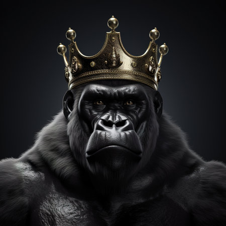Gorilla with crown on black background.の素材