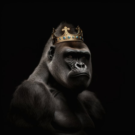 Portrait of a gorilla in a crown. Studio shot on black background.の素材