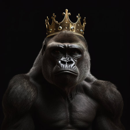Portrait of a strong gorilla in a golden crown on a black backgroundの素材