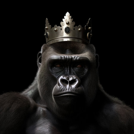 Portrait of a strong gorilla in a crown on a black backgroundの素材