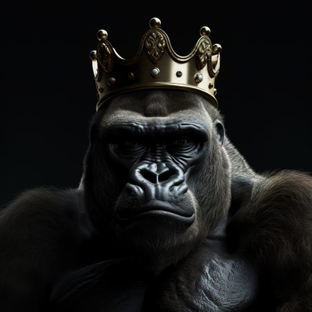 Portrait of a strong gorilla in a crown on a black backgroundの素材