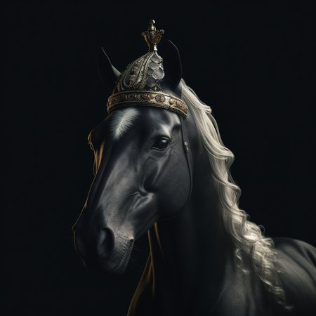 Portrait of a horse with a golden crown on a black backgroundの素材