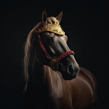 Portrait of a horse with a golden headband on a black backgroundの素材