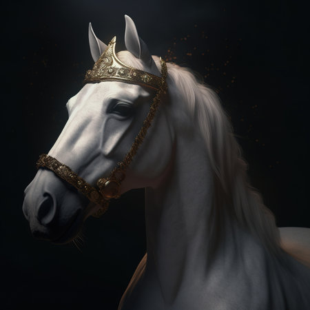 White horse with golden crown on black background. Fantasy portrait of a horse.の素材