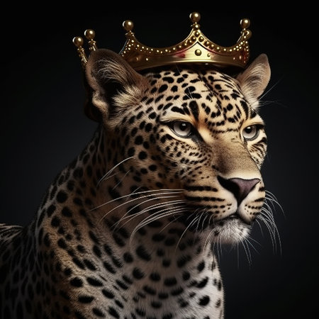 Leopard portrait with crown on black background.の素材