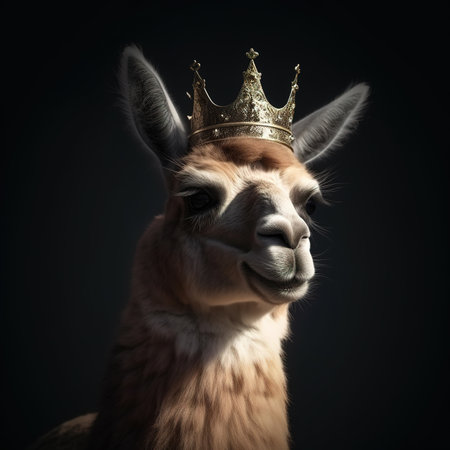 Portrait of cute llama wearing golden crown on black background.の素材