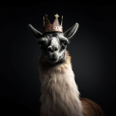 Portrait of a cute llama wearing a crown on black backgroundの素材