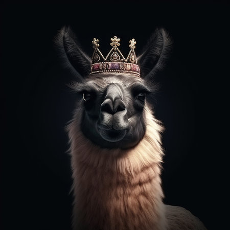 Portrait of a cute llama wearing a crown on black backgroundの素材