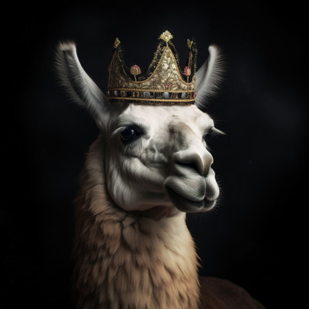 Portrait of a cute llama wearing a golden crown on black backgroundの素材