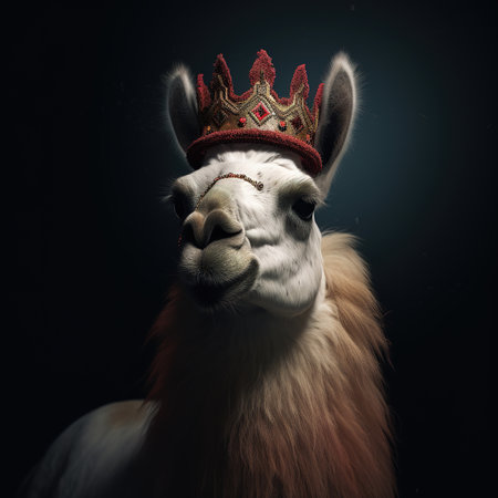 Portrait of a cute white llama in a crown on a black background.の素材